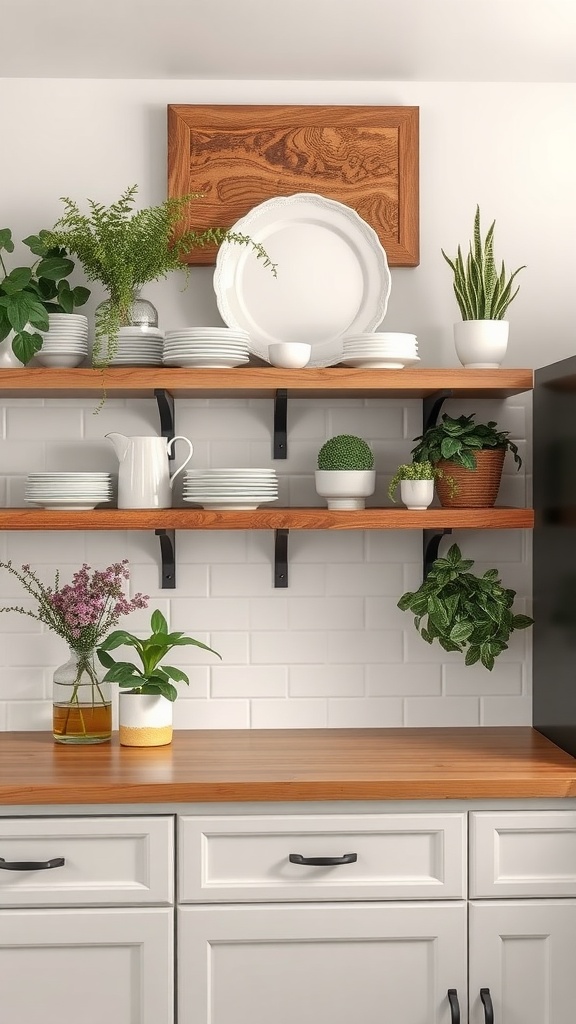 Open shelving in a modern farmhouse kitchen displaying plates and plants on wooden shelves.