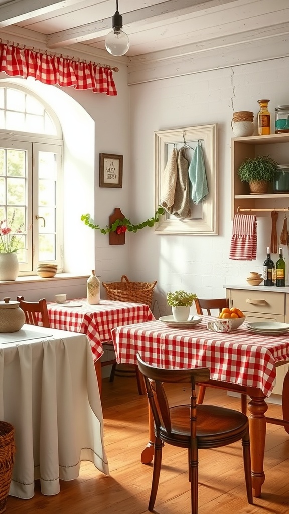 A bright farmhouse kitchen featuring checkered tablecloths and colorful textiles.