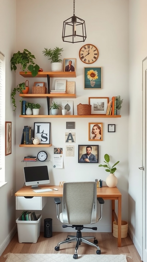 A cozy small home office featuring vertical shelves with plants, books, and framed photos, complemented by a modern desk and chair.