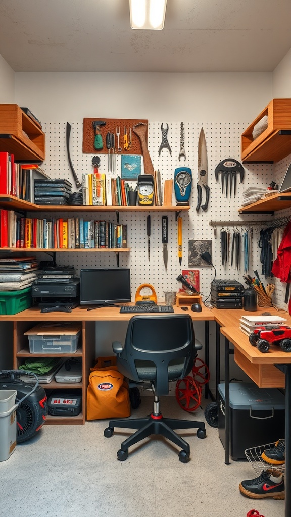 Small home office with organized wall space featuring pegboards, shelves, and various tools.
