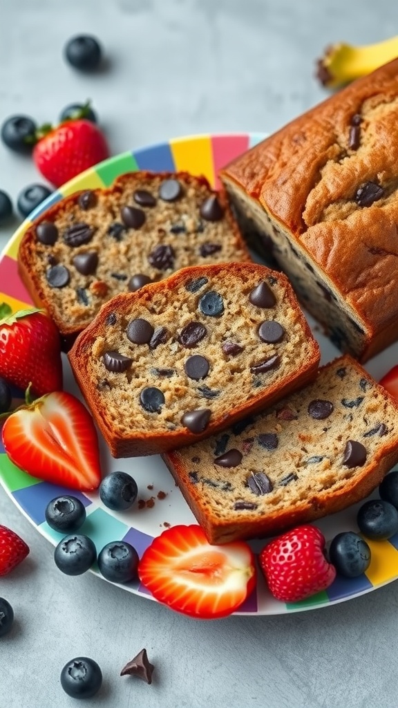 A colorful plate with slices of chocolate chip banana bread surrounded by fresh strawberries and blueberries.