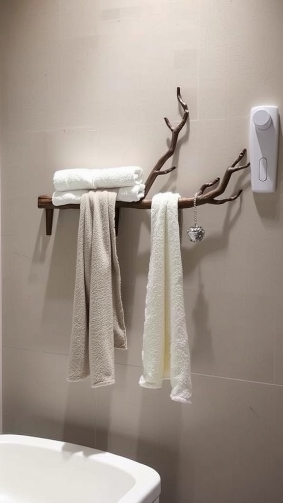 A rustic wall-mounted towel bar that resembles a branch, holding neatly stacked towels and additional hanging towels.
