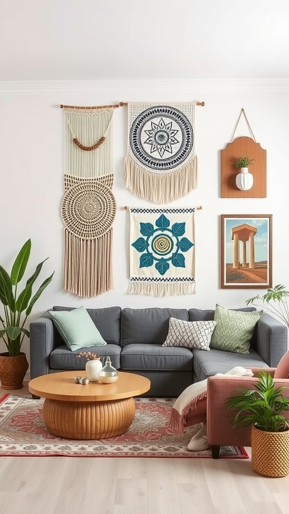 Earthy boho living room with creative wall art displays including macramé and fabric pieces.