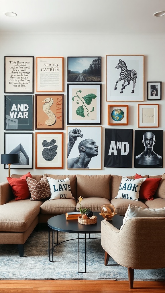 A contemporary living room with a creative wall art display featuring various framed artworks and a cozy seating arrangement.