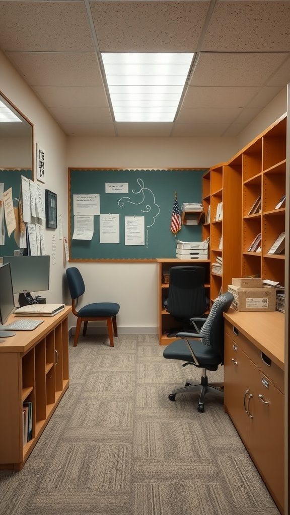 A school counselor's office with a desk, chairs, and shelves filled with resources.