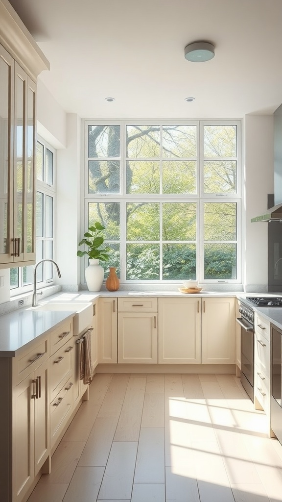 A bright kitchen featuring crisp cream cabinets, large windows, and a touch of greenery.