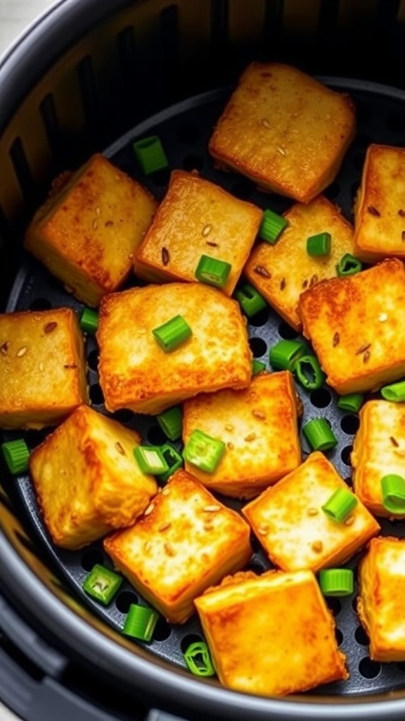 Crispy air fryer tofu bites with green onions.
