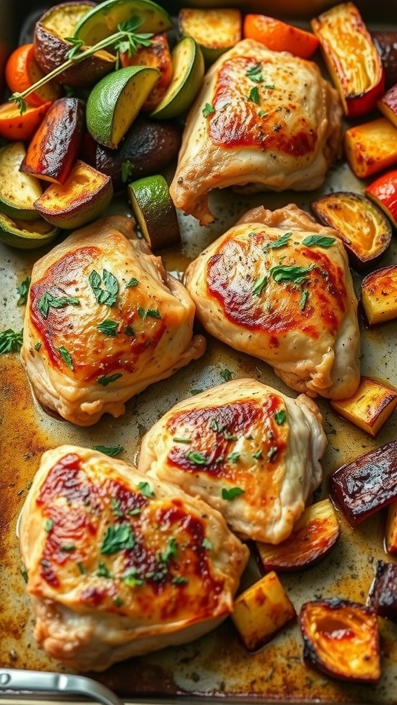 Crispy baked chicken thighs with roasted vegetables and herbs