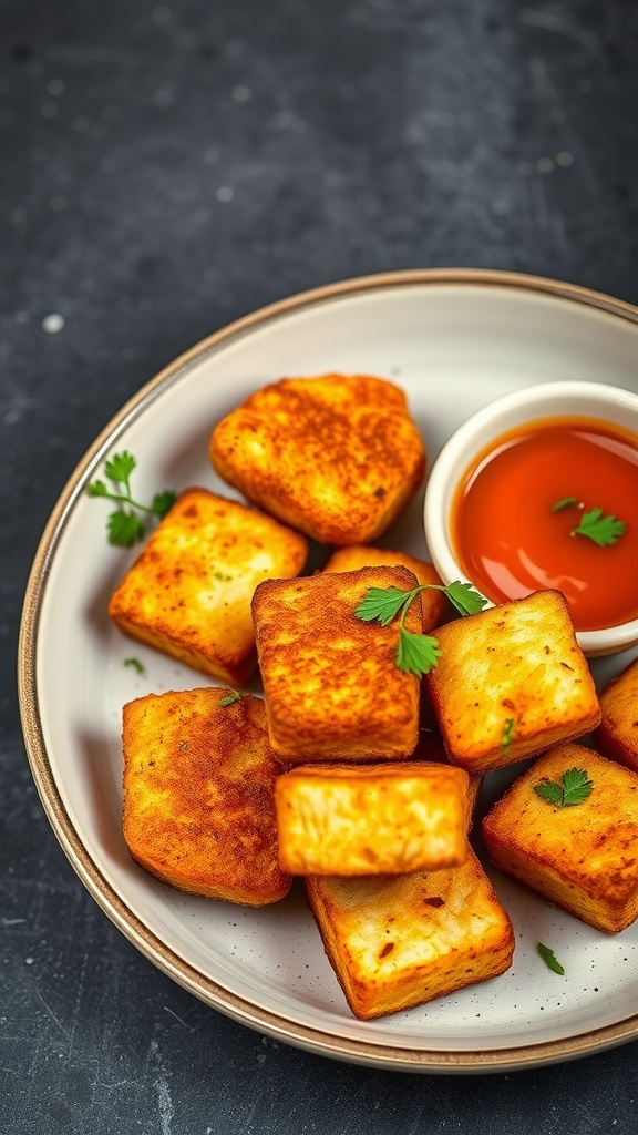 Crispy baked tofu nuggets on a plate with dipping sauce