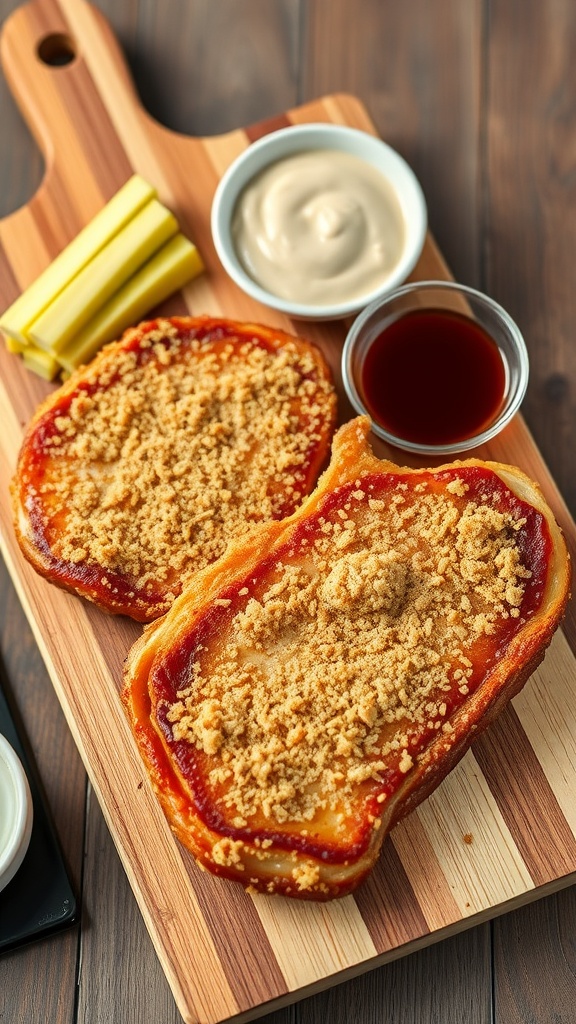 Crispy pork chops with a golden breadcrumb coating served with dipping sauces