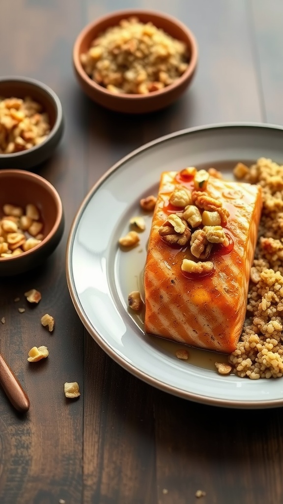 Plate of crispy honey walnut salmon served with couscous and walnuts