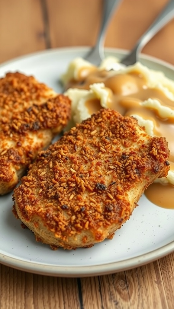 Crispy panko-crusted pork chops served with mashed potatoes and gravy