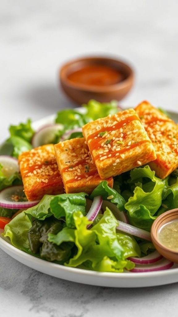 A vibrant crispy sesame tofu salad with fresh greens and colorful vegetables.