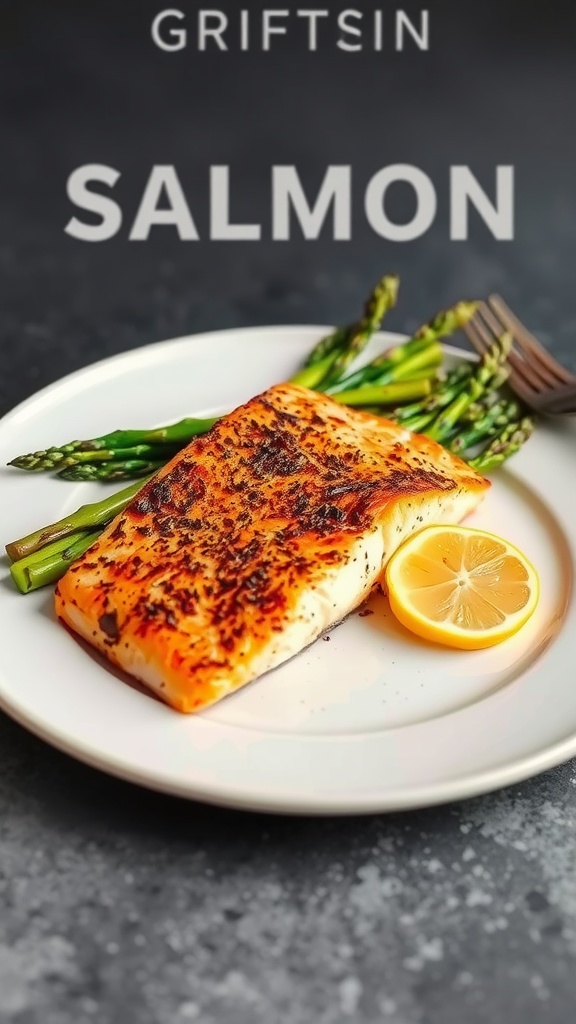 A plate of crispy skin salmon with asparagus and a lemon slice