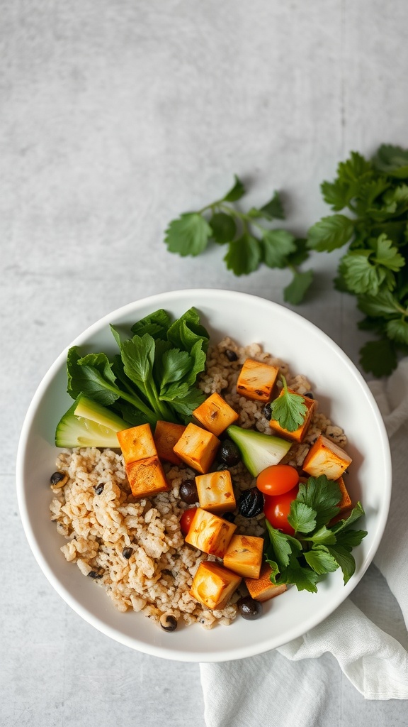 A nutritious bowl of crispy tofu and quinoa with fresh vegetables.