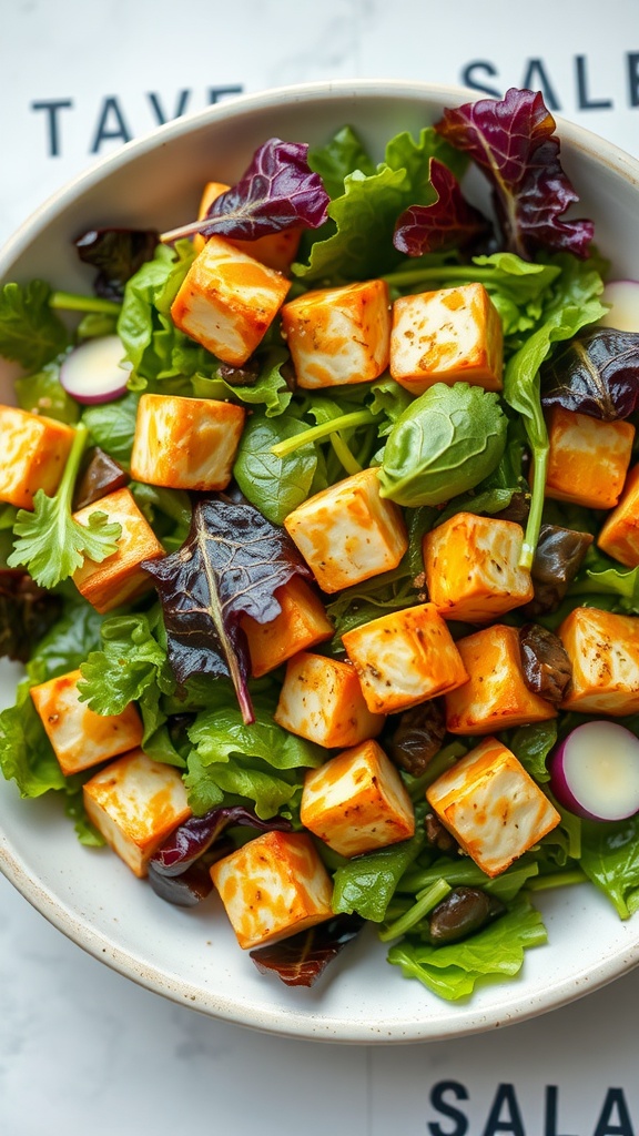 A vibrant salad with crispy tofu cubes, mixed greens, and colorful vegetables.