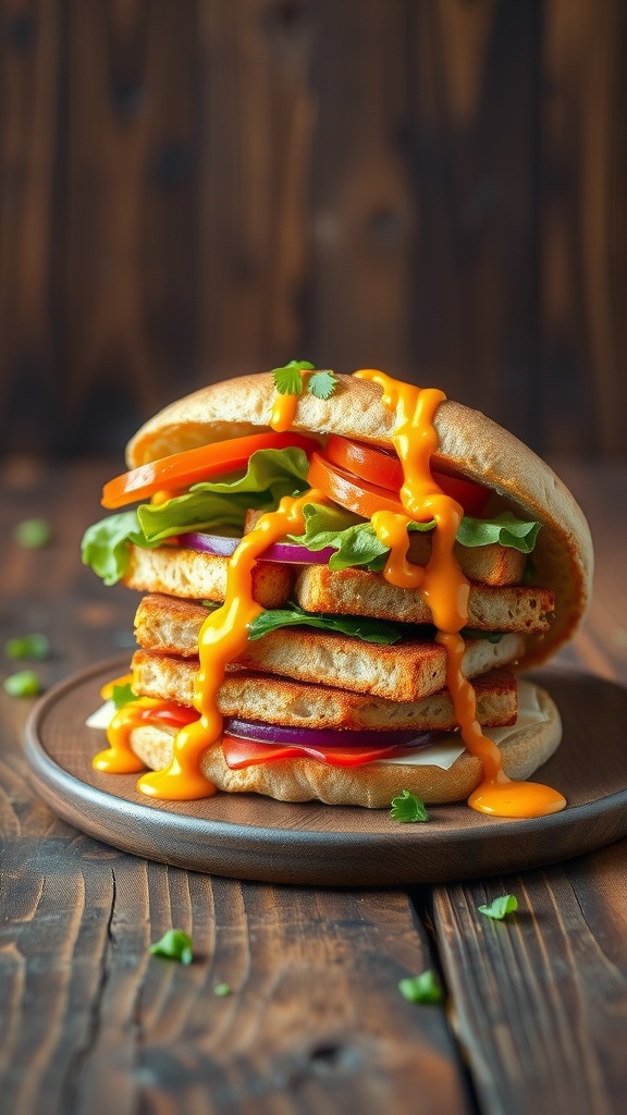 A crispy tofu sandwich stacked with layers of tofu, lettuce, tomato, and spicy mayo.