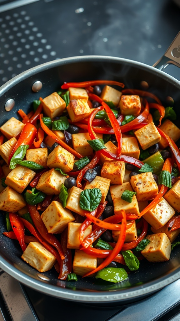 A colorful stir-fry featuring crispy tofu and assorted vegetables.