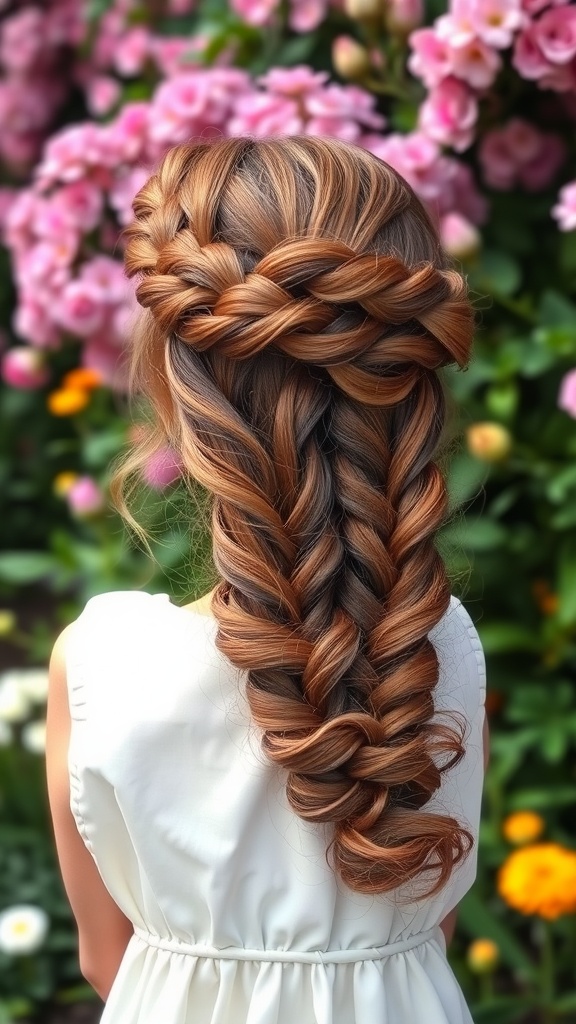 A woman with a crown braid hairstyle adorned with curly ends, surrounded by pink and orange flowers.