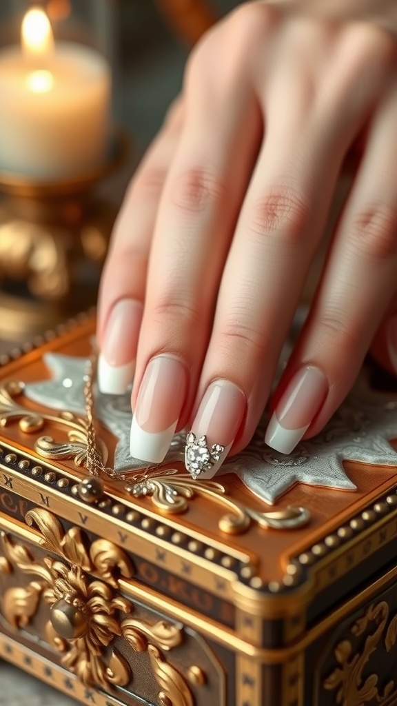 Close-up of a hand with almond-shaped nails featuring French tips and crystal accents, resting on a decorative box.