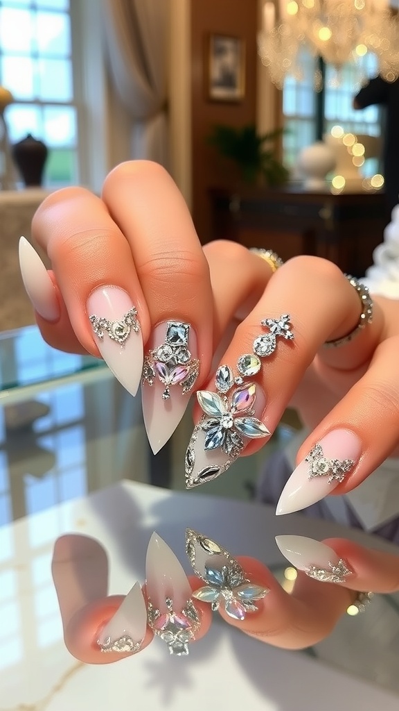 A close-up of hands showing gel nails with crystal accents and 3D art.