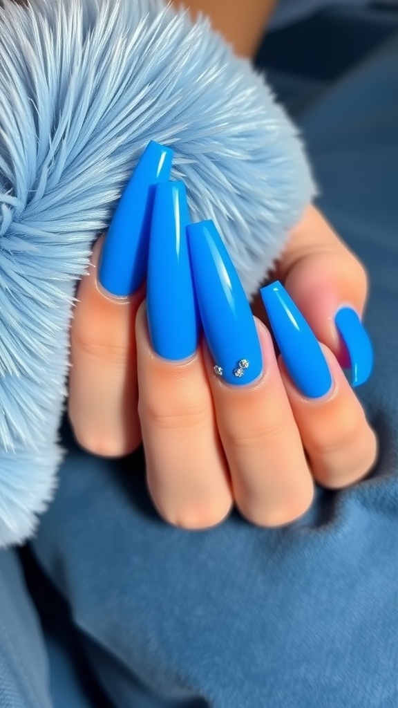 Close-up of crystal blue stiletto nails with rhinestones on a soft blue background.