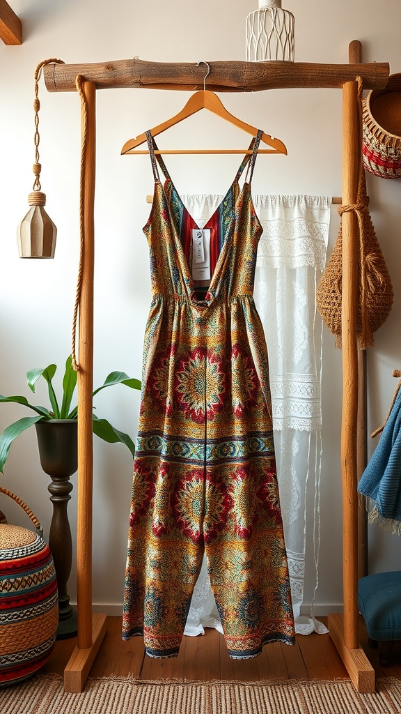 A stylish culotte jumpsuit with bold patterns hanging on a wooden rack in a cozy setting.