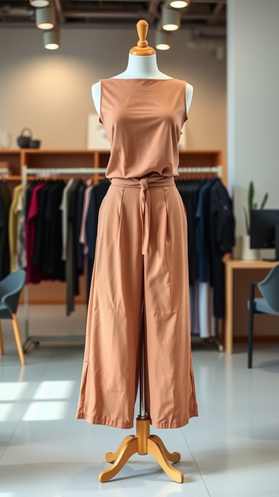 A mannequin displaying a fitted top paired with culottes in a warm color, set against a clothing store background.