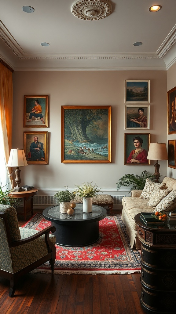 A cozy living room featuring classic art on the walls, elegant furniture, and warm tones.