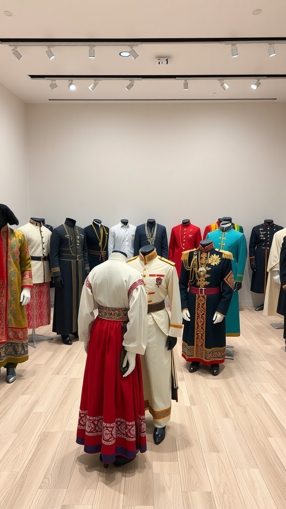 A display of traditional Japanese outfits showcasing various styles and colors