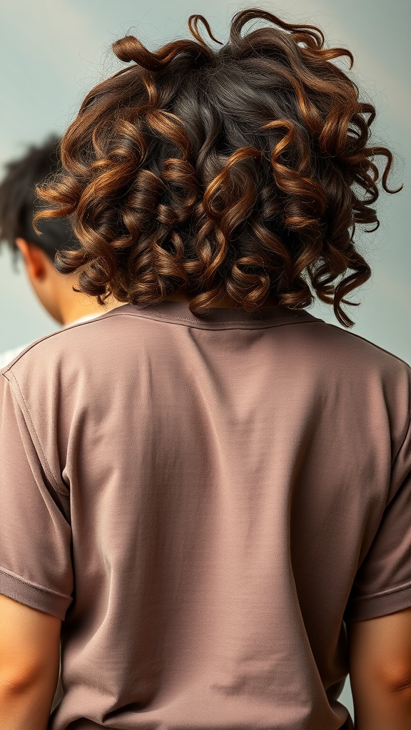 A view of a curly mullet hairstyle, showcasing vibrant curls from the back.