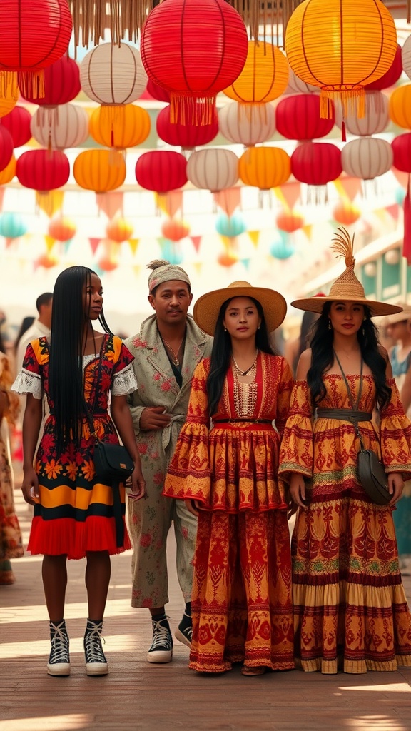 Group of friends dressed in colorful, cultural-inspired outfits standing under lanterns.
