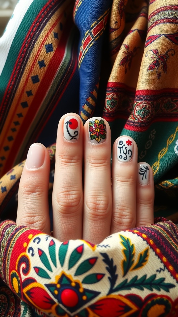 Close-up of hands with culturally inspired nail art, surrounded by vibrant patterned fabric.