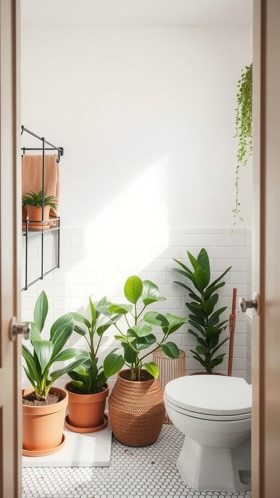 A bathroom with several potted plants, light streaming in, and a clean aesthetic.
