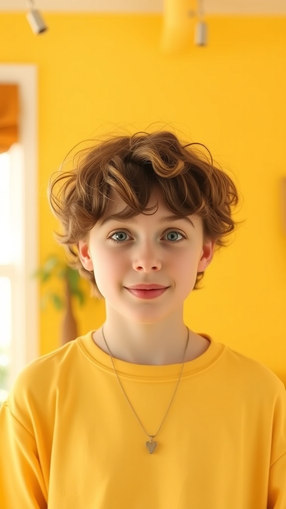 A person with short curly hair and bangs, wearing a yellow shirt, against a bright yellow background.