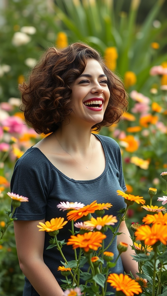A woman with a curly bob hairstyle smiling in a flower garden.