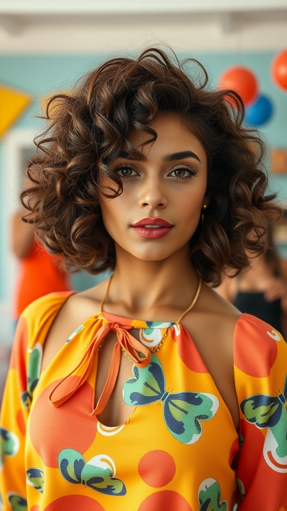 A person with a curly bob hairstyle, wearing a colorful patterned top