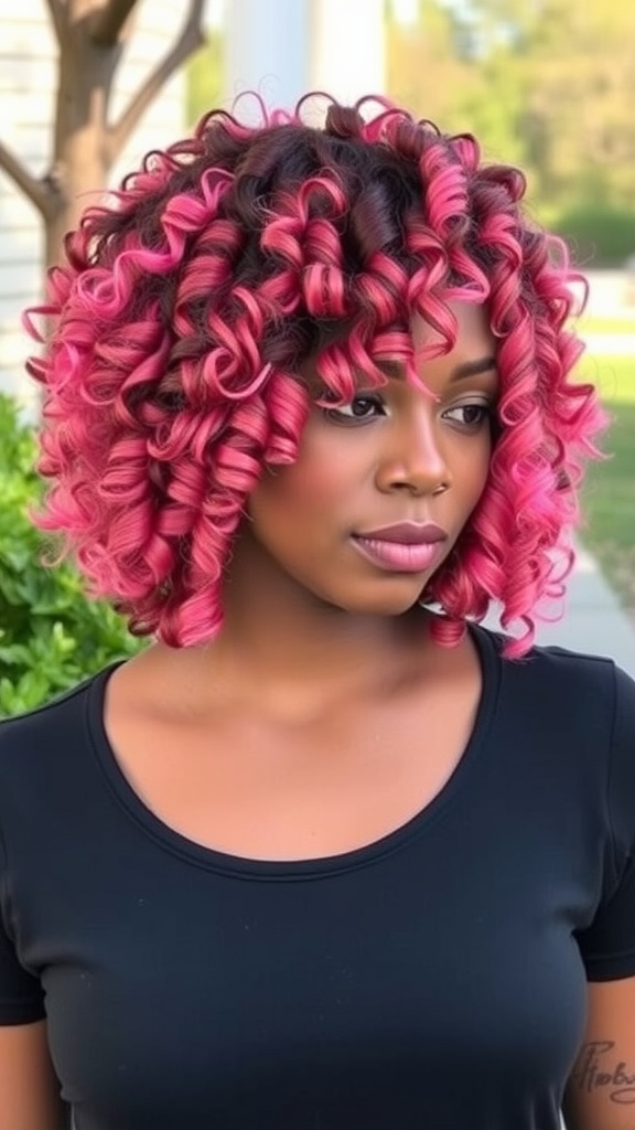 A woman with a curly bob quick weave hairstyle, featuring vibrant pink curls and a natural makeup look.