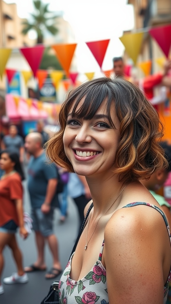 A woman with medium-length curly hair and bangs, smiling in a colorful street setting.