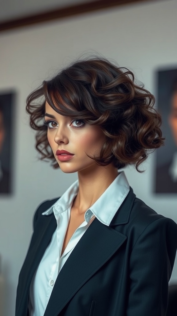 A woman with a curly bob hairstyle featuring a deep side part, wearing a stylish outfit.