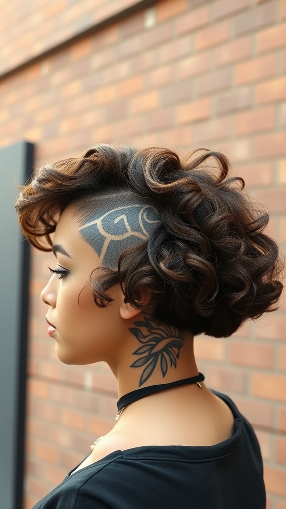 A woman with a curly bob hairstyle featuring an undercut and a tattoo on her neck.