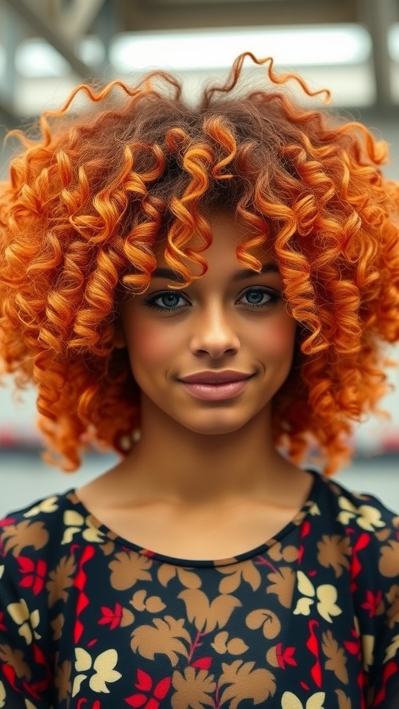 A woman with a curly bob hairstyle in vibrant orange color, wearing a floral-patterned top.