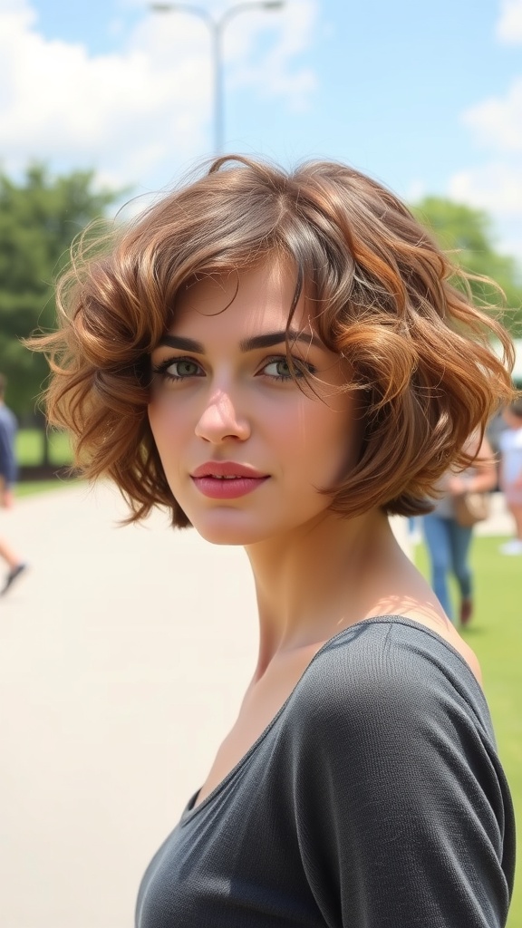 A woman with a curly bob hairstyle, showcasing volume and texture, standing outdoors.