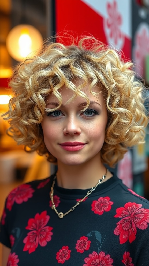 A woman with a curly blonde bob hairstyle, featuring vibrant curls and a floral shirt.