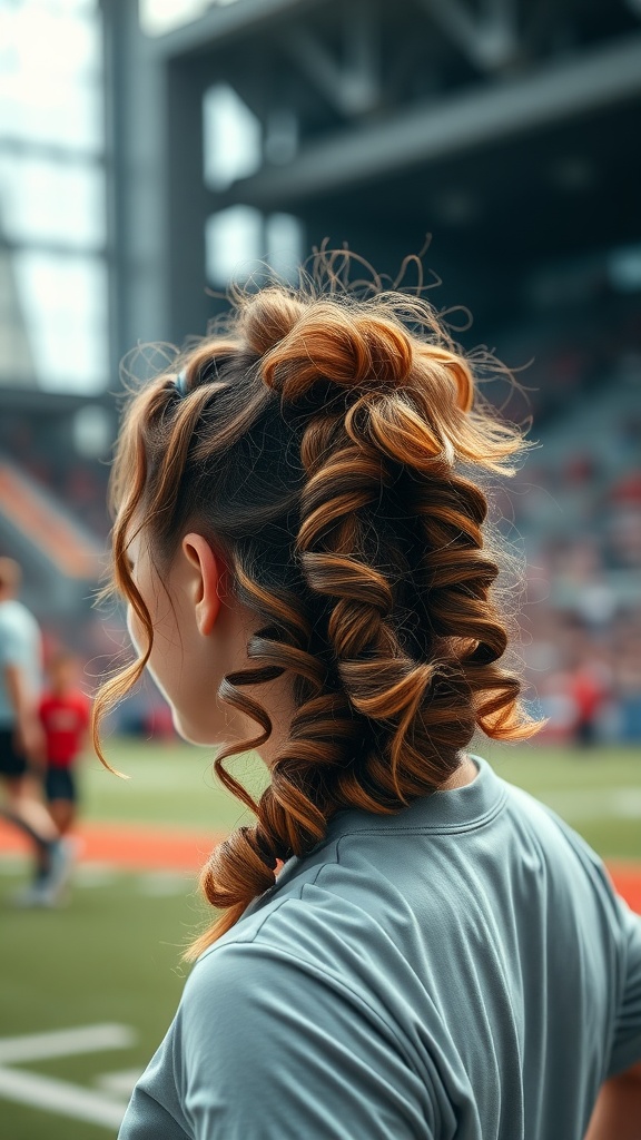 A woman with a curly braided ponytail, showcasing curls and a unique braid.