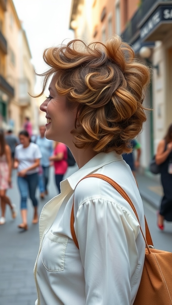 A woman with curly ends standing on a street, displaying a playful hairstyle.
