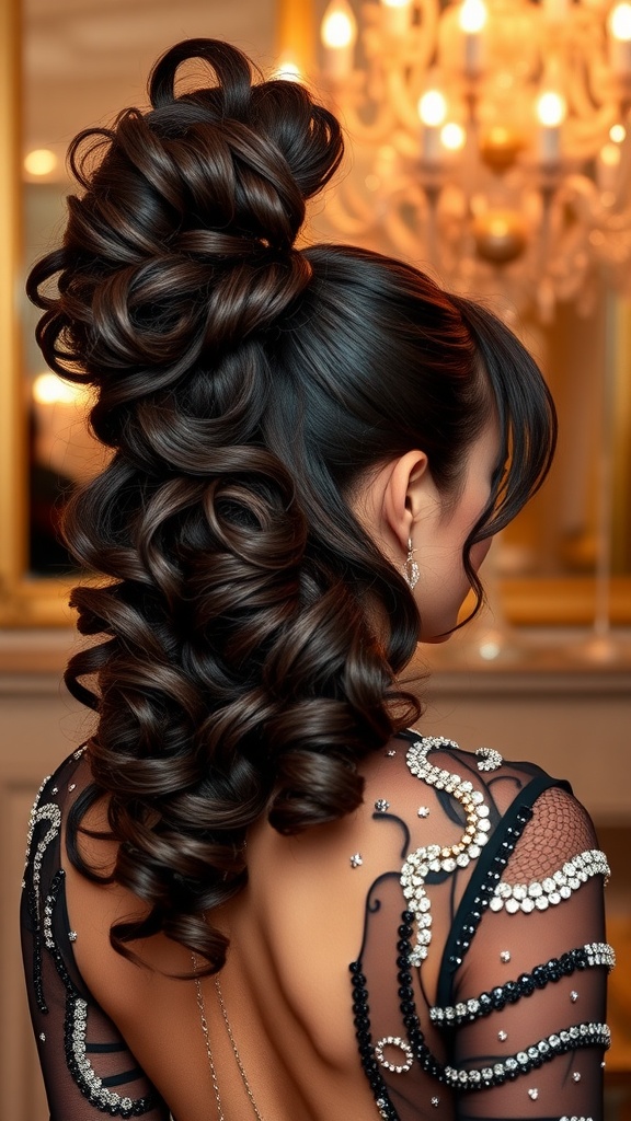 A glamorous curly faux ponytail hairstyle, showcasing voluminous curls and an elegant outfit.