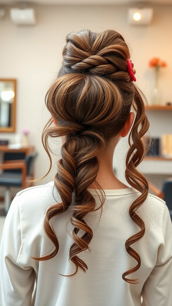 A girl with a curly frontal ponytail and bangs, showcasing a stylish hairstyle.