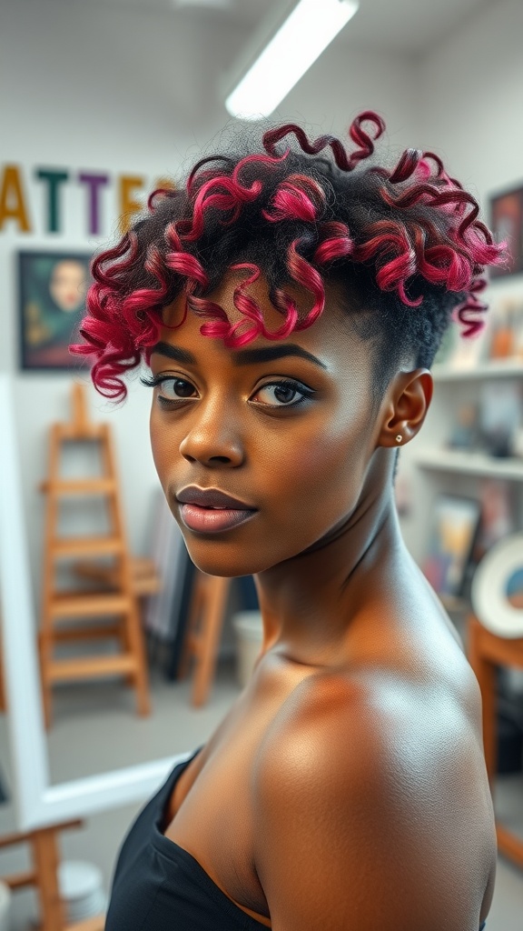 A woman with short curly hair featuring pink highlights, showcasing a stylish hairstyle in an indoor setting.