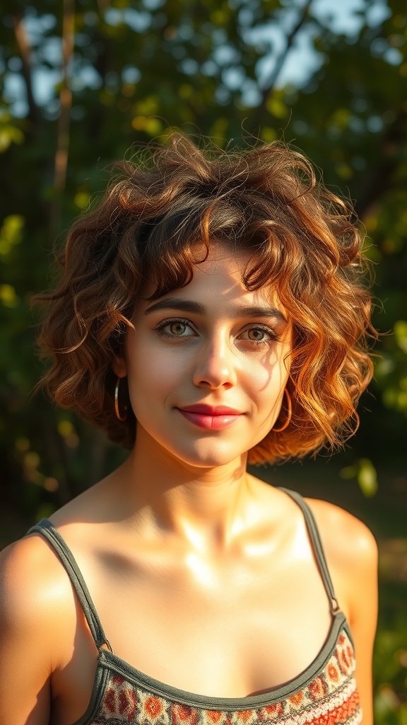A woman with short curly hair and highlights, smiling in a natural setting.